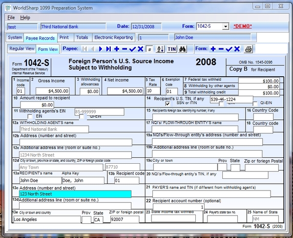 WorldSharp 1042-S Tax Form Preparation System for 2008 Now Shipping