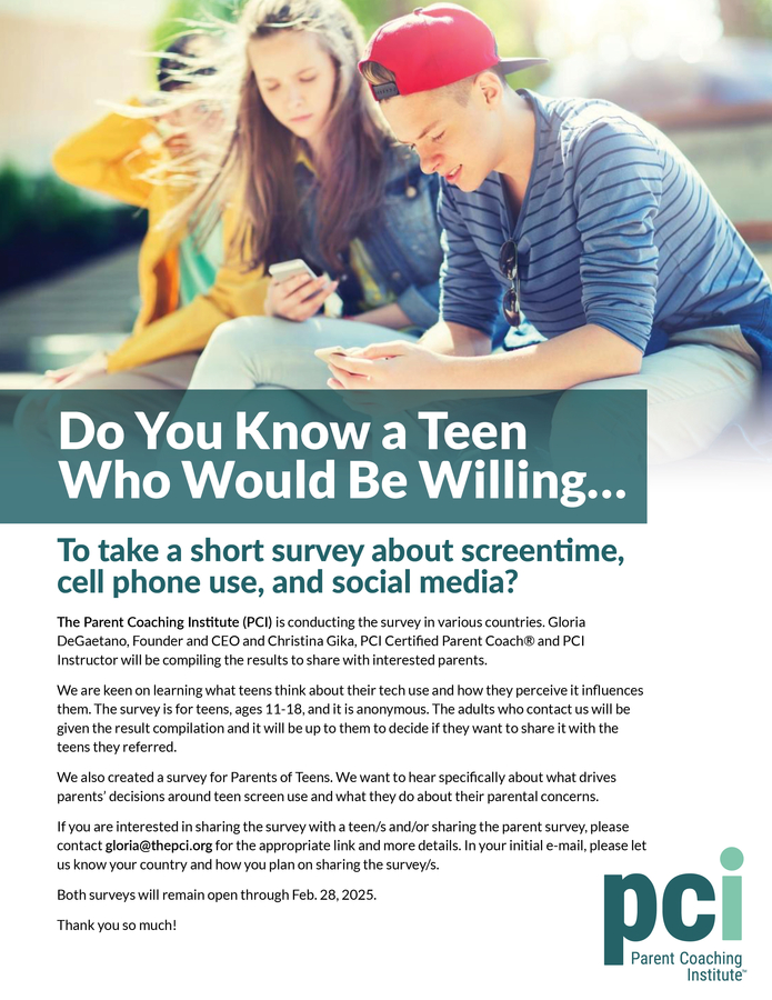 The Parent Coaching Institute Launches Teen and Parent Surveys about Screen Time and Social Media