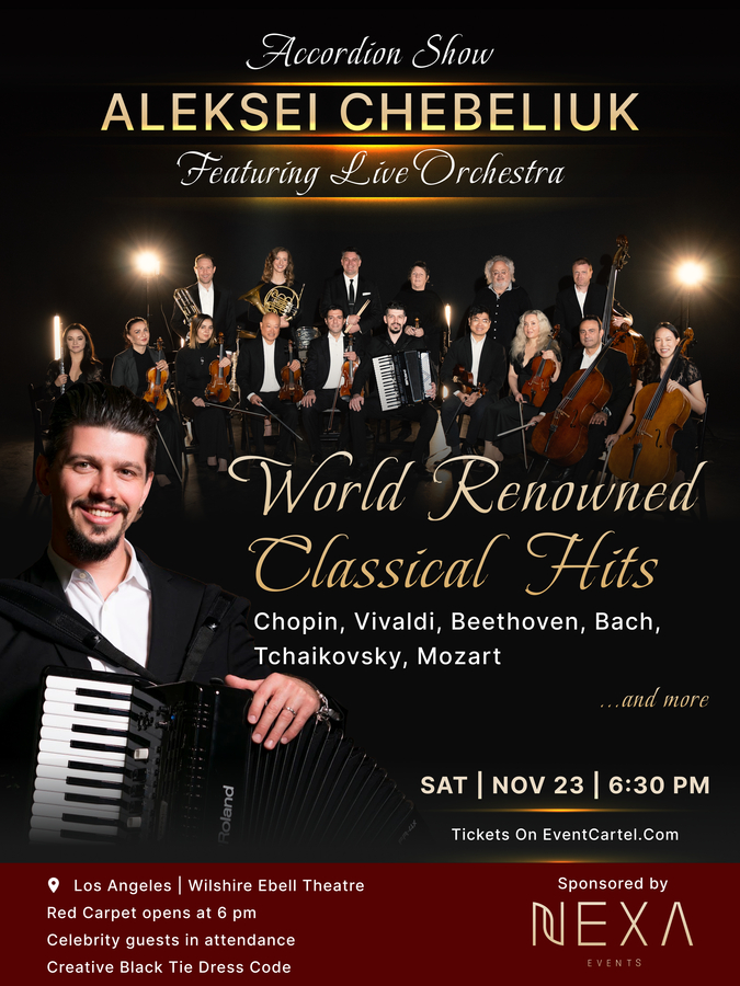 Los Angeles – Prepare for an evening of musical elegance as Aleksei Chebeliuk, the virtuoso accordionist, brings his extraordinary talent to the iconic Wilshire Ebell Theatre on November 23, 2024