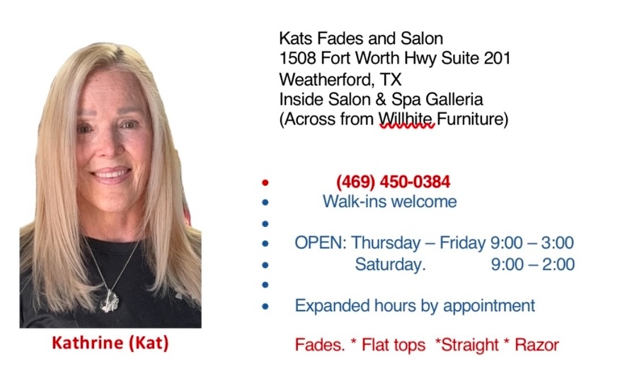 Kats Fades & Salon Now Accepting Appointments at the Salon and Spa Galleria Fort Worth Highway in Weatherford, Texas